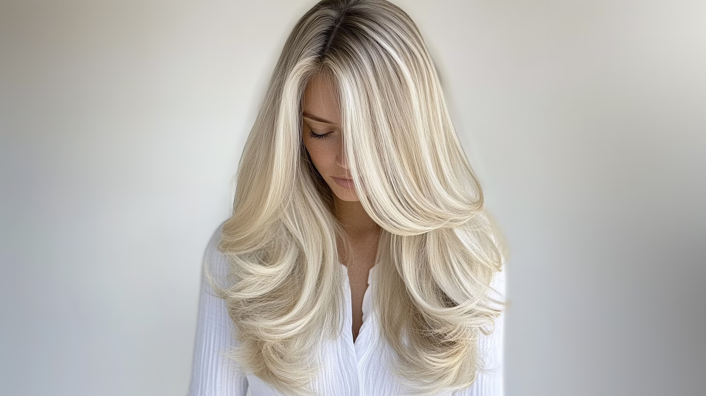 KornHair Balayage Glamour Look mit langen blonden Haaren / Moiré Wefts